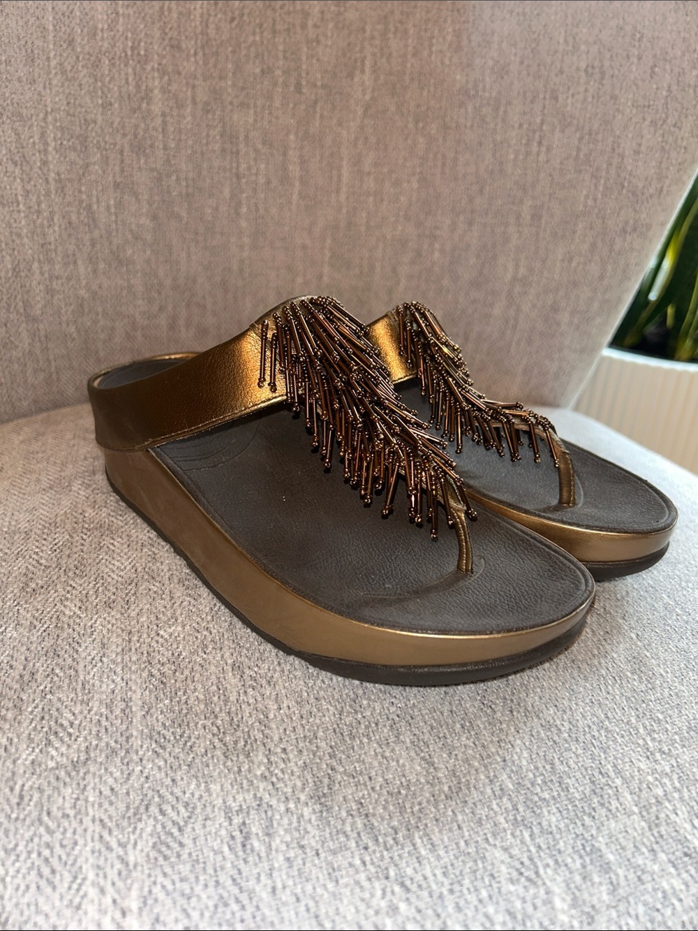 FitFlop Bronze Beaded Fringe Women's Wedge Thong Sandals